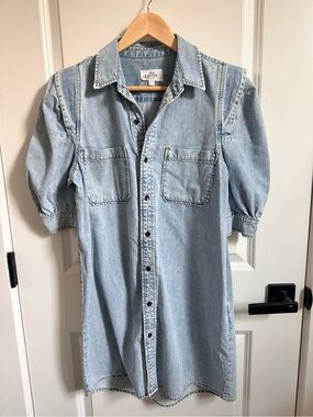 Frame Denim Light Blue Puff-Sleeve Denim Midi Dress
